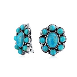 Southwestern Turquoise Cabochon Oval Large Gemstones Western Concho Clip On Earrings For Women Non Pierced Ears .925 Sterling Silver