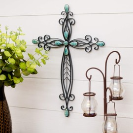 Dicksons Filigree Black Turquoise Stones 20 Inch Metal Decorative Hanging Wall Cross