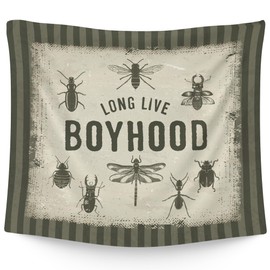 WAITPI Long Live Boyhood Insects Beetles Bee Dragonfly Bugs Hanging Wall Tapestry for Boys Kids Room, Vintage Green Retro Wall Tapestries Decor for Toddler Room Dorm Playroom Nursery Classroom 50x60in