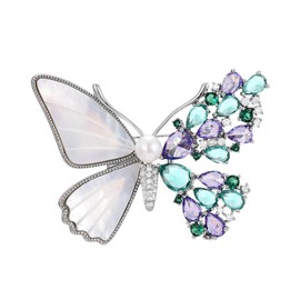 Elegant Silver Butterfly Brooch - Copper with Tungsten Gold Plating, Zirconia, Abalone Shell & Freshwater Pearl - Luxury Jewelry for Women, Gift for Special Occasions