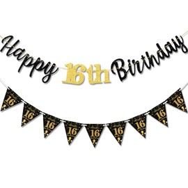 MAGLAUG 16th Birthday Decorations Banner Boys Girls, Black Gold Happy 16thBirthday Banners for Girls Boys (Birthday 16th)