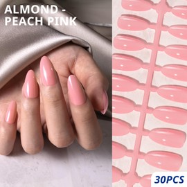AIRSEE Press On Nails Almond Medium - Peach Pink, Transparent Style, 30 Pcs Solid Color Reusable Fake Nails Kit for Women | Long Lasting, Easy Application with Accessories Included, 15 sizes nail tips