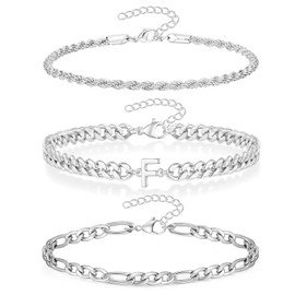 ZENGSING Men's Bracelet with Letters, 3 Pcs Chain Bracelet for Men Women, Silver Stainless Steel Bracelets, Hip Hop Bracelets with Initial Letter, Gift for Dad Son Brother Boyfriends (Silver F)