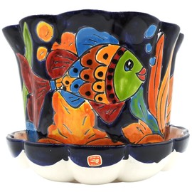 Talavera Pottery Store Violet Pot Planter with Saucer Large Hand Painted Indoor Outdoor Multi Colored Figure Glazed Dark Blue Fish