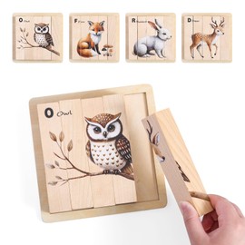 IEATFO 4 in 1 Wooden Animal Chunky Puzzle, 5 Solid Wood Puzzle Blocks with 4 Sides Realistic Forest Animals, Wooden Block Puzzle with Durable Base for Toddlers 3+ Years - Montessori Inspired