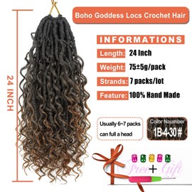 Goddess Locs Crochet Hair 7Packs Bohemian Goddess Faux Locs Crochet Hair Pre Looped Boho Soft Locs Synthetic Braids Hair Extensions for Women (1B/4/30#, 24 Inch)