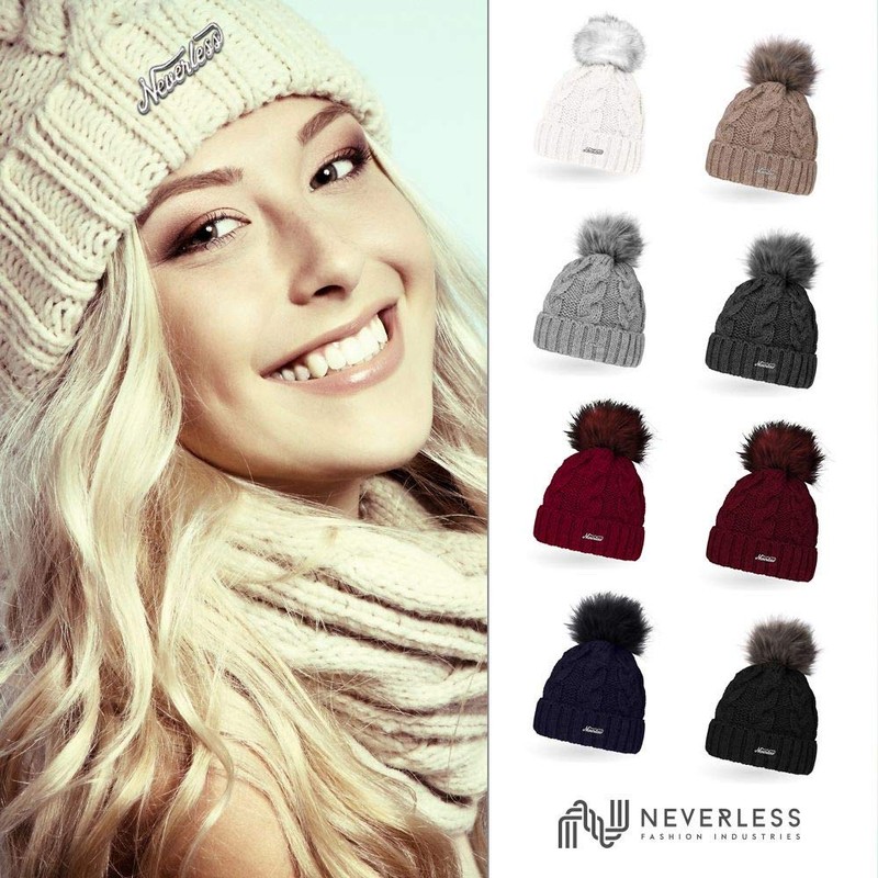 Neverless Ladies Knitted Fur Pom Pom Faux Fur Winter Hat