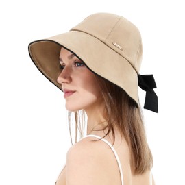 soul young Women Sun Bucket Hat Ponytail Hole with Bow Tie Waterproof Ultra Wide Brim Beach Hat UV Protection UPF 50+(One Size,Khaki)