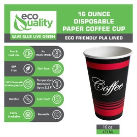 Large 16 oz 75 Count Paper Cups by EcoQuality - Classic Durable Disposable Paper Cups For Hot/Cold Drink, Coffee, Tea, Cocoa, Travel - Large 16 Ounce Cups, 75 Count Cups