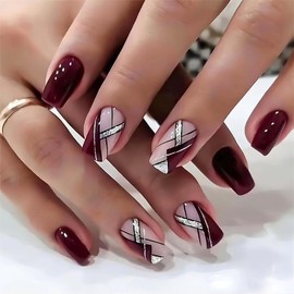 RUOKEXIN Acrylic Press on Nails, 24Pcs Medium Square Fake Nails with Glue, Wine Red Designs, Glitter Lines, Holiday Nails Stick on Nails for Women