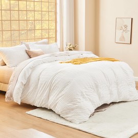 Litanika White Comforter Queen Size Set, 3 Pieces Lightweight Seersucker Bedding Comforters Sets, Soft Bed Set as Gifts (90x90In Comforter & 2 Pillowcases)