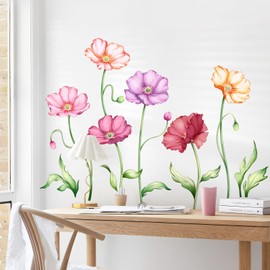 Large Flower Wall Decals Colorful Poppy Flower Plants Wall Stickers Peel and Stick Spring Floral Wall Art Decor for Living Room Bedroom Office TV Sofa Backdrop Home Decor Gifts for Mom