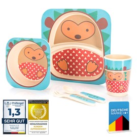 all Kids United® Children's Plastic Tableware Set, 5-Piece Reusable Tableware Set with Animal Motifs, Cup, Bowl, Plate, Spoon & Fork for Children (Hedgehog)