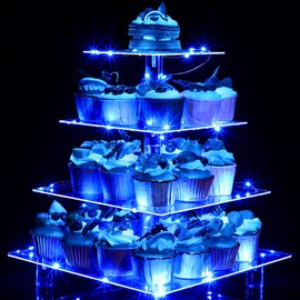 Yiyiring 2 Pcs Acrylic Cupcake Stand Cupcake Tower 4 Tier Blue LED Light Dessert Tree Table Stand Set Cupcake Display Stand with Clear Countertop Tray Jewelry Tray for Wedding Birthday Bar Party Decor