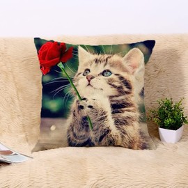 Cat Cushions Covers Flower Cat Ornament Cushion Cover Outdoor Furniture Decorative Linen Square Double Sided Printing Pillow Cover For Home Office Sofa Couch Car Garden 45 X 45Cm