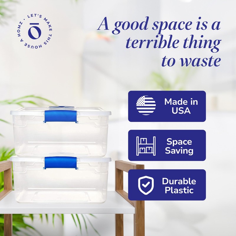 HOMZ Secure Latch, Clear Plastic Storage Organizer Bins, 15.5 Quart,