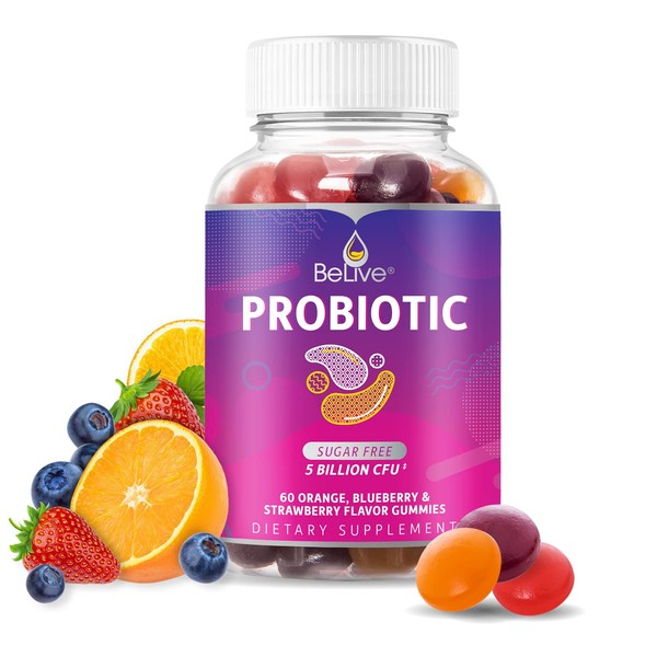 BeLive Probiotic Gummies - Probiotics with 5 Billion CFUs for Digestive Health, Men, Women & Kids - for Immune Support, Sugar Free & Vegan | 60 Ct – Blueberry, Strawberry & Orange (60 Count)