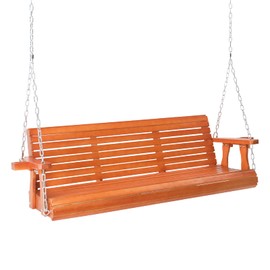 VINGLI Heavy Duty 880 LBS Patio Porch Swing Outdoor with Cup Holder, Hanging Chair with Adjustable Secure Chains, Pine Wood Outdoor Bench Tree Swing for Yard | Garden | Lawn | Balcony (5 FT, Brown)