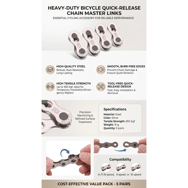 Bnineteenteam Bicycle Chain Links, 5 Pairs Bicycle Chains Chain Lock
