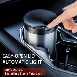 Tmengdao Car Ashtray with Lid,Smokeless Ashtray for Cup Holder Smell Proof,Detachable Stainless Steel Car Ash Tray with LED Auto Light, for Most Car, Office, Home (Grey)