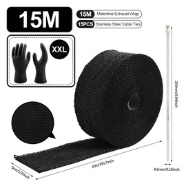 2" x 50' Black Exhaust Heat Wrap Roll for Motorcycle Fiberglass Heat Shield Tape with 5pcs Stainless Ties