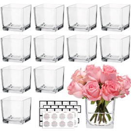 CONNOO 12 Pack Square Glass Vase 3" x 3" x 3", Clear Bulk Flower Vases for Centerpieces, Square Glass Cube Vase Floating Candle Holders for Wedding Party Home Decor