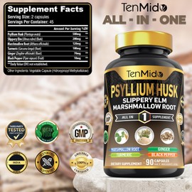 Tenmido Psyllium Husk Supplements - 6in1 with Slippery Elm, Marshmallow Root, Turmeric, Ginger & Black Pepper - Digestive Health - 90 Vegan & Non-GMO Capsules
