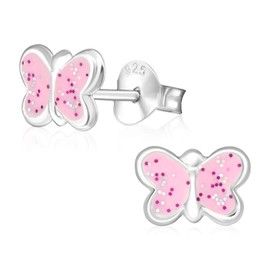 Laimons – Stud Earrings – 925 Sterling Silver – Kids – Butterflies – Light Pink – Sparkling