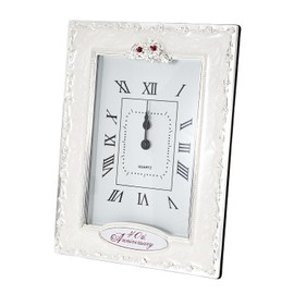 Happy Homewares Traditional 40th Anniversary Clock in White Epoxy with Silver Plated Roses and Red Diamante Crystals | Quartz Technology