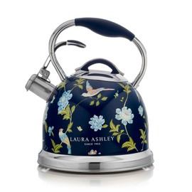 VQ Laura Ashley Elveden Navy 2.5L Stainless Steel Tea Kettle Stovetop Whistling Teapot for Induction, Gas Hob or others. Silicon Coated Cool Handle & Push Button Mechanism Vintage Stove Top Kettle