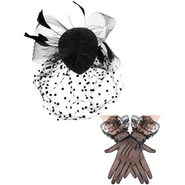 SATINIOR Fascinators Hat for Women Pillbox Hat Black Veil Funeral Hat Tea Party Hat and Lace Gloves 50s Costume(Stylish Style)