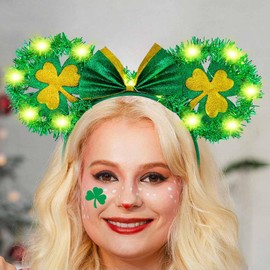 Aiosy St Patricks Day Headband Irish Shamrock Headbands Green Clover Headpiece Irish Party Foils Hair Accessories for Women (Led Mouse Ears, One Size)