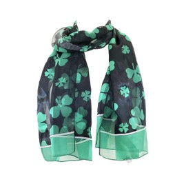 Pamper Yourself Now Big Black with Green Four Leaf Clover Scarf Thin Pretty Scarf