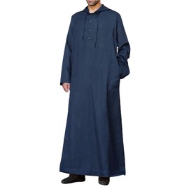 YAOHUOLE Mens Kaftan Abaya Islamic Causal Drawstring Hood Soft Dubai Arab Jalabiya Gown Butto Down Robes Dark BlueL