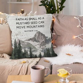 VRW Inspirational Christian Mountain Throw Pillow Covers 18x18, Faith Can Move Mountains Motivational Bible Verse Decorative Pillow Covers for Home Bedroom, Religious Accent Pillows Cover Pillowcases