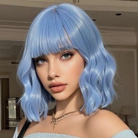COOINEADER Light Blue Wig with Bangs Soft Short Bob Wigs for Women Synthetic Shoulder Length Women's Wigs for Costumes Cosplay HalloweenDaily (Light Blue)