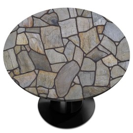 Brown Stone Pattern Round Table Cover with Elastic Edge, Fitted Tablecloth Waterproof Wipeable Round Table Cover for Kitchen Dining Party Holiday Fits Outdoor Round Plastic Table Cloth 40-44 In