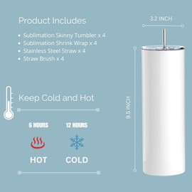 30 Oz Sublimation Skinny Tumbler Set, Stainless Steel Straight Skinny Travel Tumbler Bulk With Sublimation Shrink Wrap Films, Birthday Diy Gift For Women Friends Sisters, 4 Pack (30 OZ, 4, Count)
