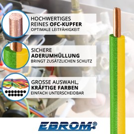 EBROM H07V-U 1 x 4 mm² - Rigid Single Wire Compatible with Signal Systems - Green/Yellow - Available from 10 m to 50 m