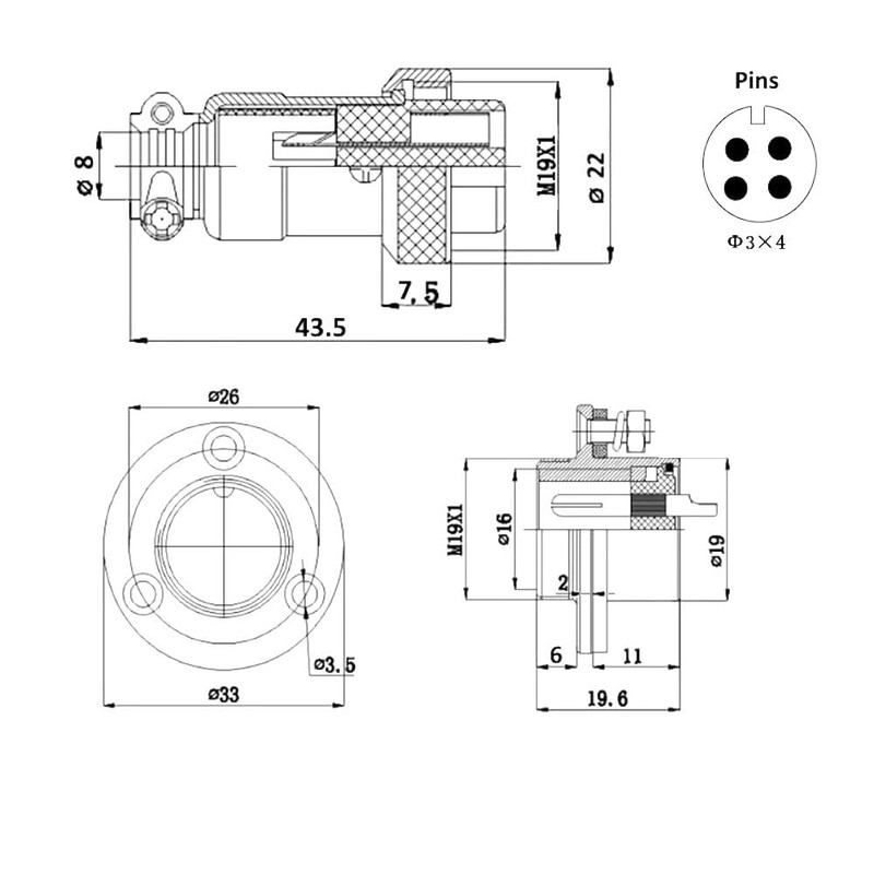 WITTKOWARE M19 Metal Connector Pair, Coupling/Mounting Plug, Screwable, Solder Connection,