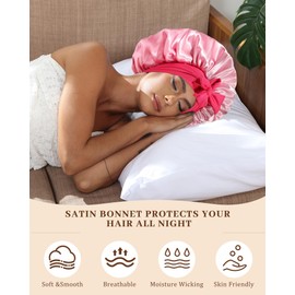Satin Bonnet for Women with Elastic Tie Band - Silk Bonnets for Sleeping Double Layer Sleep Cap for Curly Hair, Reversible Night Hair Wrap (Pink+Light Pink)