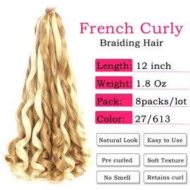 French Curly Braiding Hair 12 Inch 8 Packs - Pre Stretched Bouncy Braiding Hair- Loose Wavy Braiding Hair Synthetic Hair Extensions For Black Women (12 inch 8 packs 27/613)