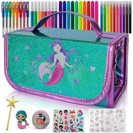 Mermaid Pencil Case With Fruit Scented Markers Art Set, Little Mermaid Gifts For Girls Ages 3 4 5 6 7 8 9 10 Years Old, Kids Coloring Set Arts & Crafts Supplies, Birthday Girl Mermaid Toys For Girls