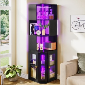 YITAHOME Corner Wine Cabinet with LED Lights & Glass Holder, Corner Bar Cabinet with Tempered Glass Door & Adjustable Shelves, Liquor Bar Rack Cabinet for Living Room, Dining Room, Kitchen, Black