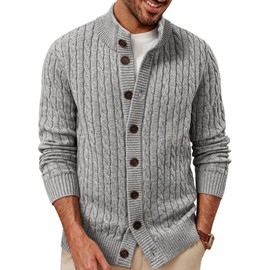 PJ PAUL JONES Mens Cardigans Sweater Button Down Stand Collar Sweater Knitted Twisted Sweaters Light Grey