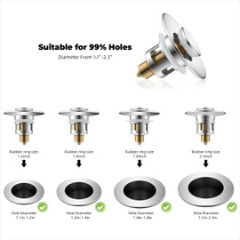 Hibbent All Metal Universal Bathroom Sink Stopper for 1.1''~2.3'' Basin, Pop Up Sink Drain Strainer, Brass Bullet Core Push Type Stopper, Stainless Steel Anti Clogging Drain Filter, Chrome