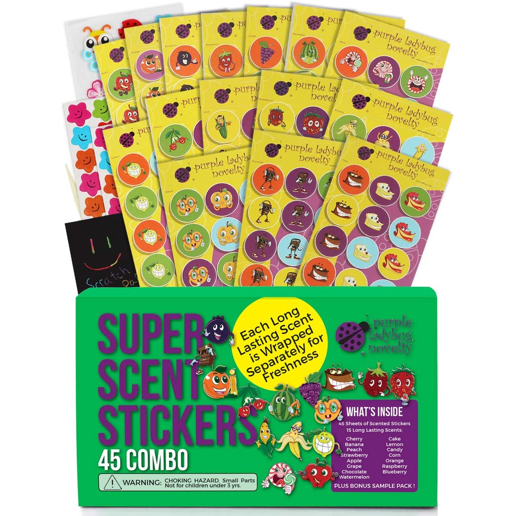Purple Ladybug 45 Sheets of Scratch and Sniff Stickers for Kids & Teachers with 15 Different Scratch N Sniff Intense Smells - Motivational Smelly Stickers & Super Scented Reward Stickers for Students