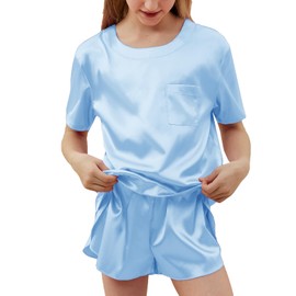 Petite&Me Silk Girls Pajamas Soft T-Shirt Flowy Shorts Flora Party Sleepwear Set for Kids/Teens