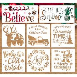 8Pcs Christmas Stencils, Stencils for Crafts Reusable, Stencils for Painting on Wood Walls Fabric, Merry Christmas/Let It Snow/Believe/Joy/Deer Christmas Tree Holiday Stencil for Christmas Decorations
