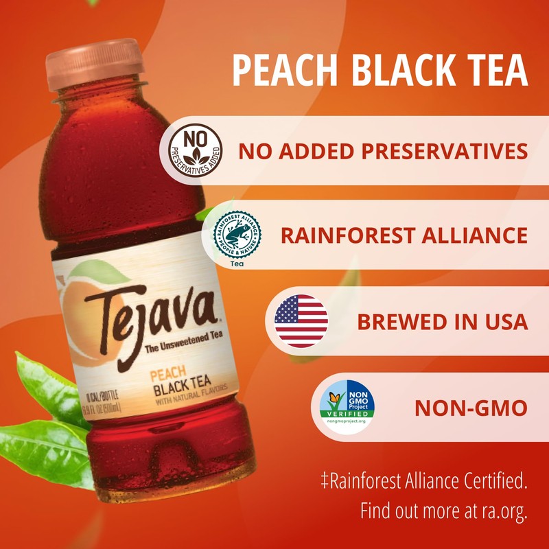 Tejava Peach Black Tea, 6 Pack 16.9 oz PET, Unsweetened,